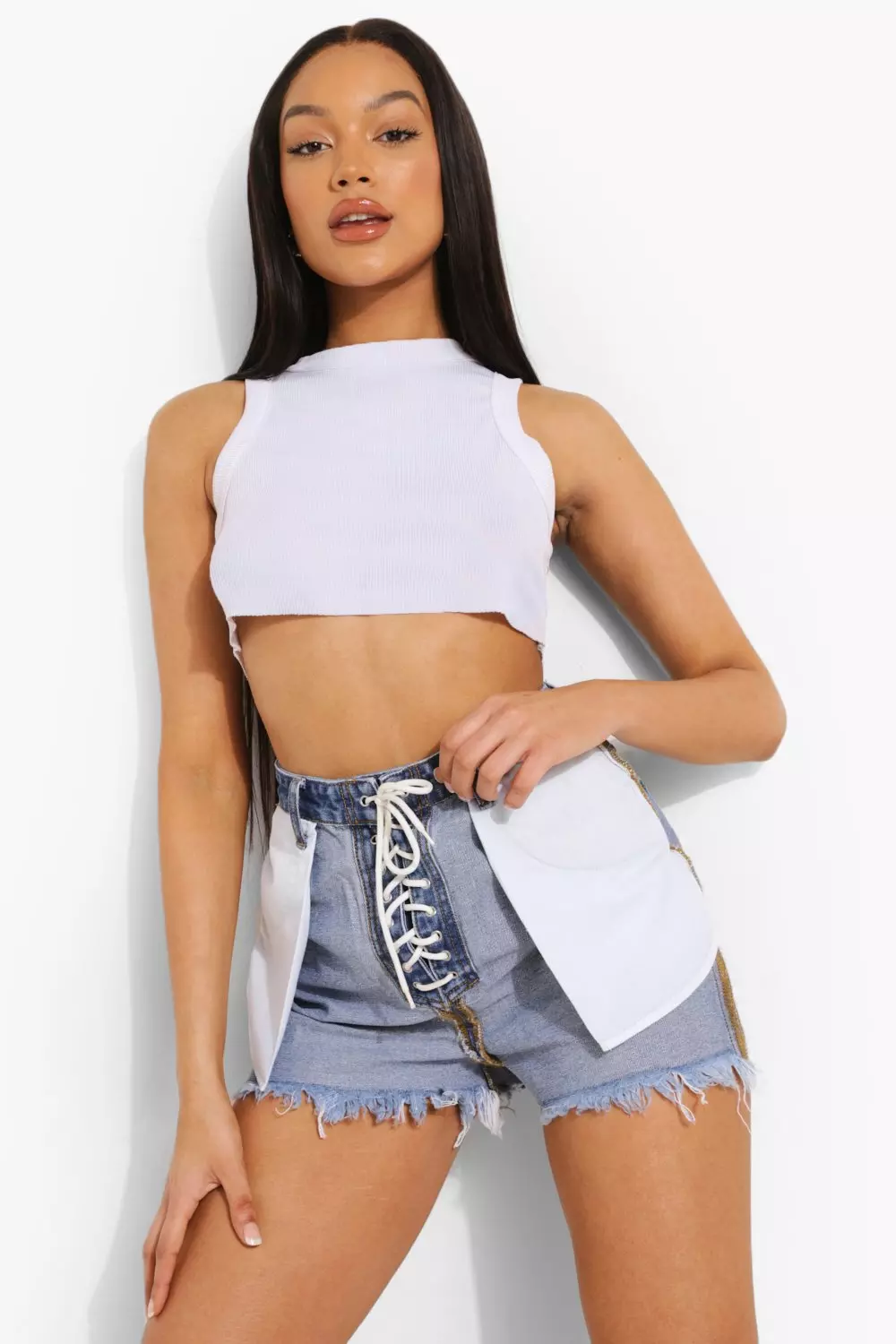 Inside Out Lace Front Denim Mom Shorts